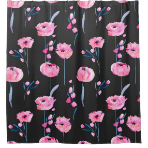 Watercolor pink poppies and floral branches seamle shower curtain