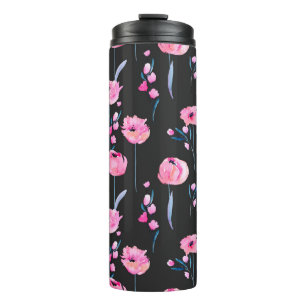 Watercolor pink poppies and floral branches seamle thermal tumbler