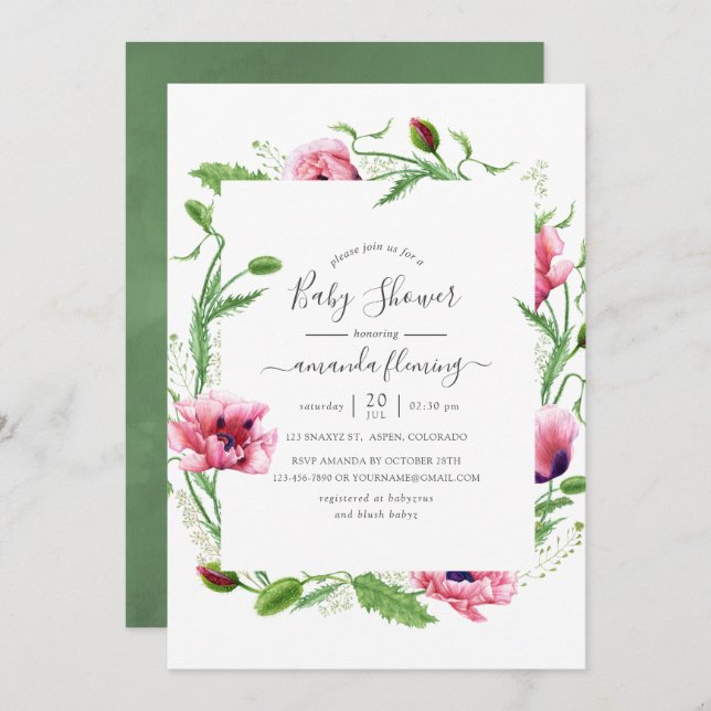 Watercolor Pink Poppies Baby Shower Invitation (Front/Back)