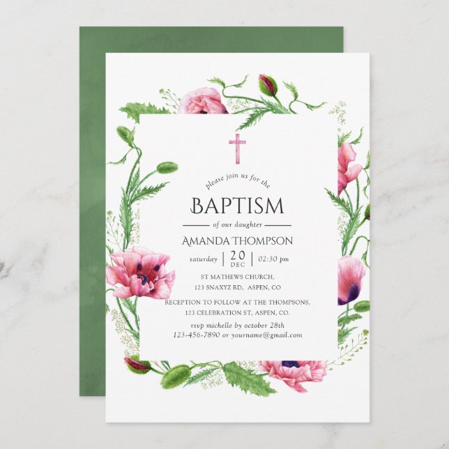 Watercolor Pink Poppies Baptism Invitation (Front/Back)