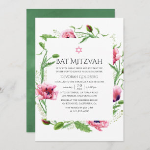 Watercolor Pink Poppies Bat Mitzvah Invitation