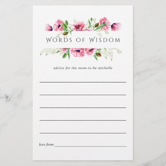 Watercolor Pink Poppies Bridal Shower Advice (Front)
