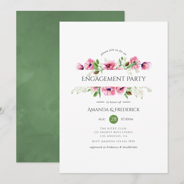 Watercolor Pink Poppies Engagement Party Invitation (Front/Back)