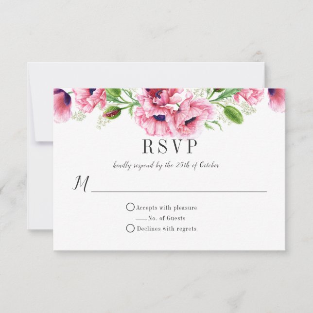 Watercolor Pink Poppies Greenery RSVP Card (Front)