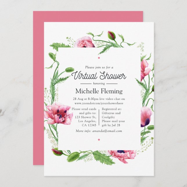 Watercolor Pink Poppies Virtual Shower Invitation (Front/Back)