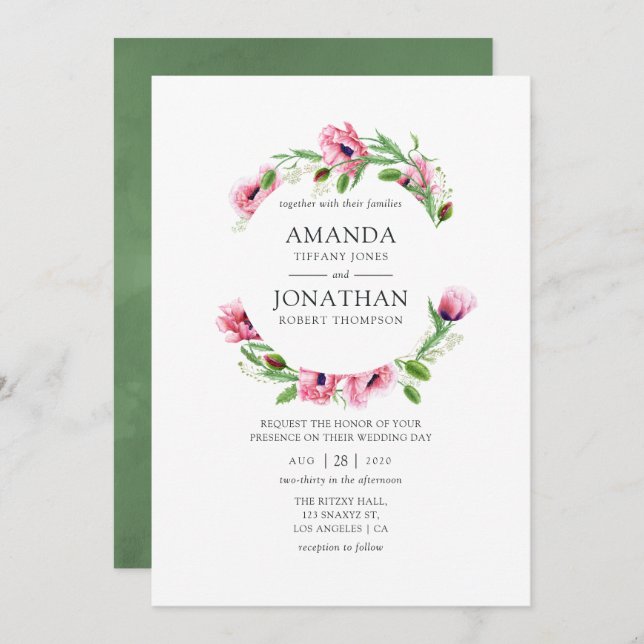 Watercolor Pink Poppies Wedding Invitation (Front/Back)