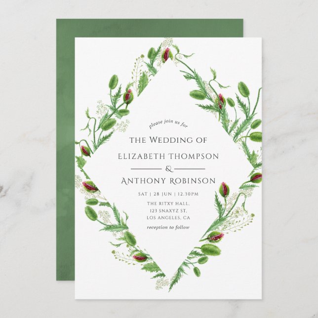 Watercolor Pink Poppies Wedding Invitation (Front/Back)