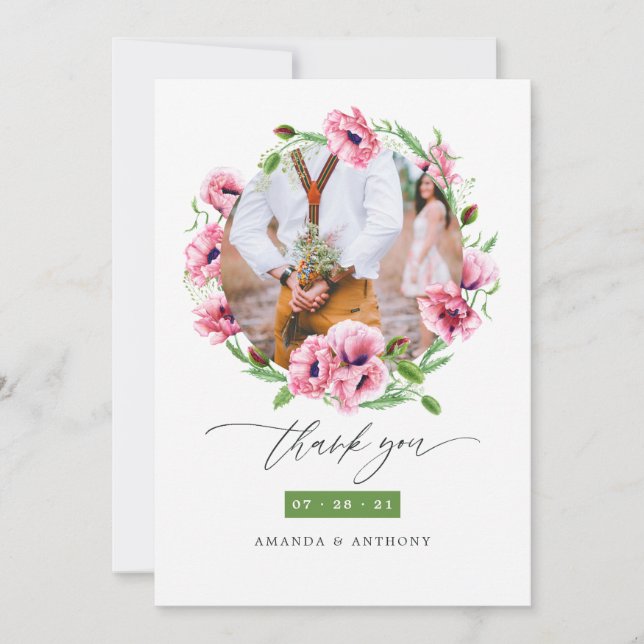 Watercolor Pink Poppies Wedding Photo Collage Thank You Card (Front)