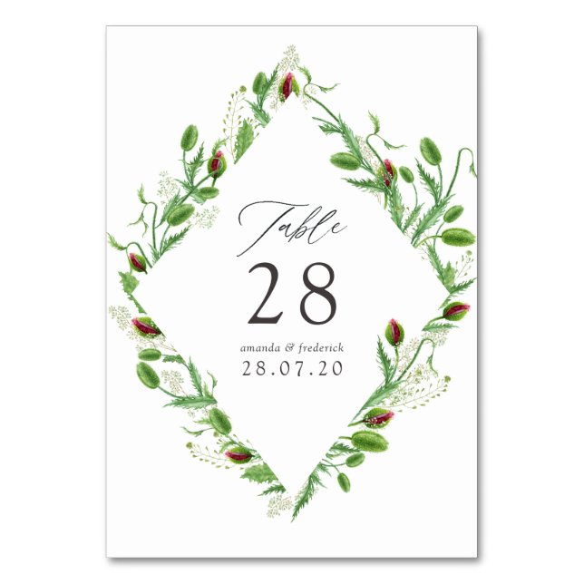 Watercolor Pink Poppies Wedding Table Number (Front)