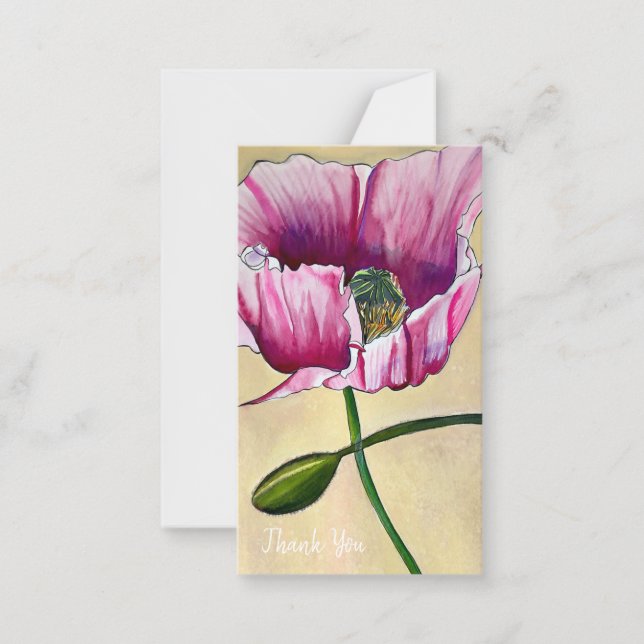 Watercolor pink poppy art flower card (Front)