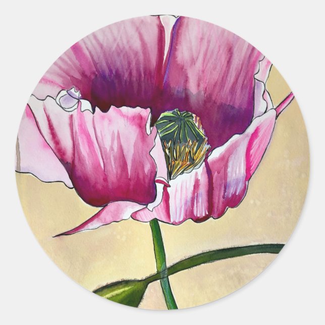 Watercolor pink poppy art flower classic round sticker (Front)