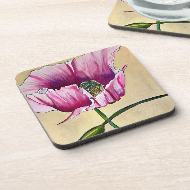Watercolor pink poppy art flower coaster (Left Side)