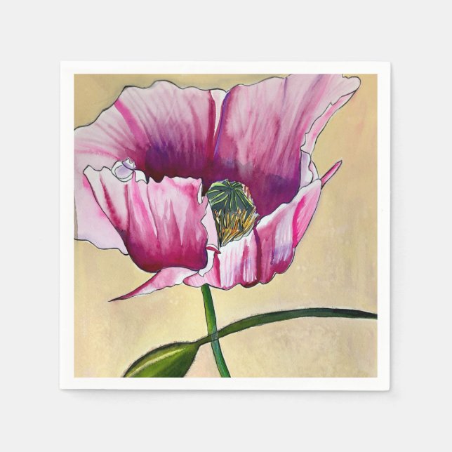 Watercolor pink poppy art flower napkin (Front)