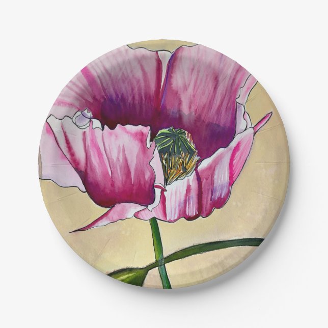 Watercolor pink poppy art flower paper plate (Front)