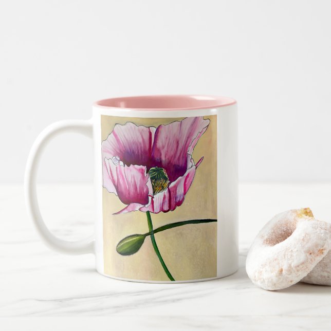 Watercolor pink poppy art flower Two-Tone coffee mug (With Donut)