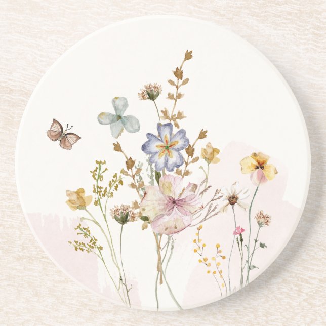 Watercolor Pink pressed & dried Wildflowers Coaster (Front)