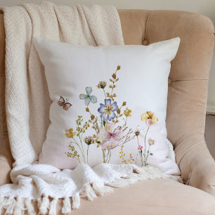 Watercolor Pink pressed & dried Wildflowers Cushion