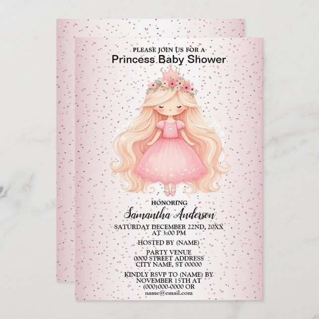 Watercolor Pink Princess Baby Shower Party Invitation (Front/Back)