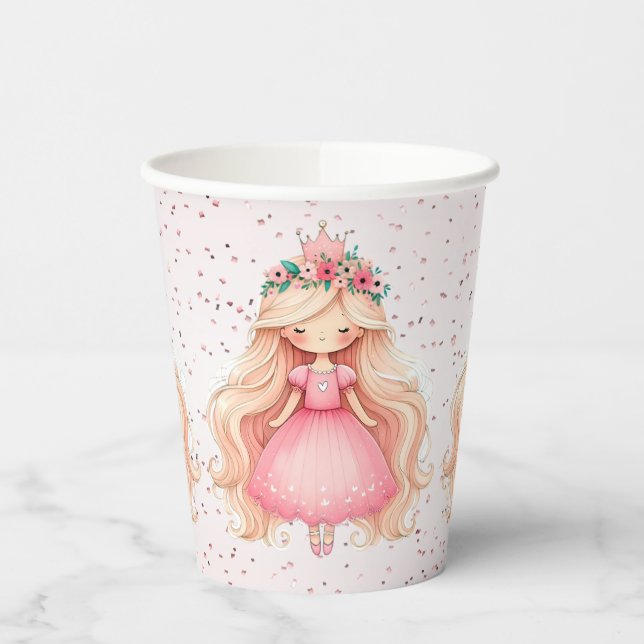 Watercolor Pink Princess Birthday Party Cute Paper Cups (Left)