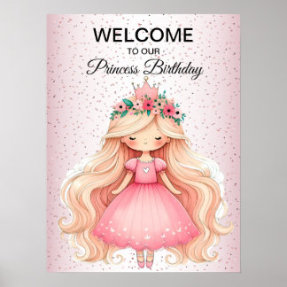 Watercolor Pink Princess Birthday Party Cute Poster