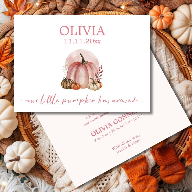 Watercolor Pink Pumpkin Baby Girl Announcement (Creator Uploaded)