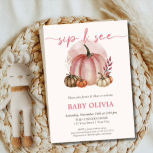 Watercolor Pink Pumpkin Baby Girl Fall Sip And See Invitation
