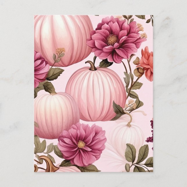 Watercolor Pink Pumpkin Floral Pattern Postcard (Front)