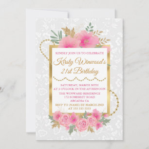 Watercolor Pink Pumpkin Flowers Gold Foil Birthday Invitation