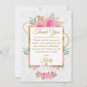 Watercolor Pink Pumpkin Flowers Gold Foil Birthday Thank You Card