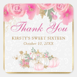 Watercolor Pink Pumpkin Flowers Gold Foil Sweet 16 Square Sticker