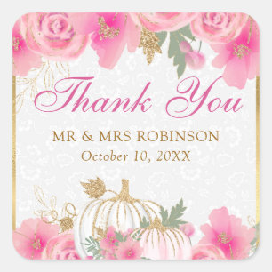Watercolor Pink Pumpkin Flowers Gold Foil Wedding Square Sticker