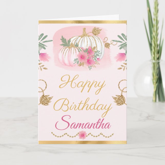 Watercolor Pink Pumpkin Gold Birthday Card (Front)