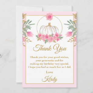 Watercolor Pink Pumpkin Gold Glitter Birthday Thank You Card