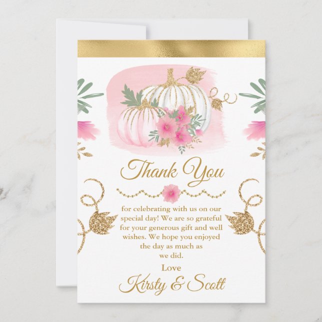 Watercolor Pink Pumpkin Gold Glitter Thank You Card (Front)