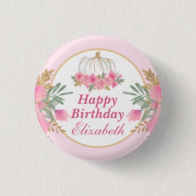 Watercolor Pink Pumpkin Gold Happy Birthday 3 Cm Round Badge (Front)
