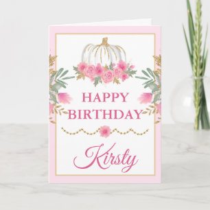 Watercolor Pink Pumpkin Gold Happy Birthday Card