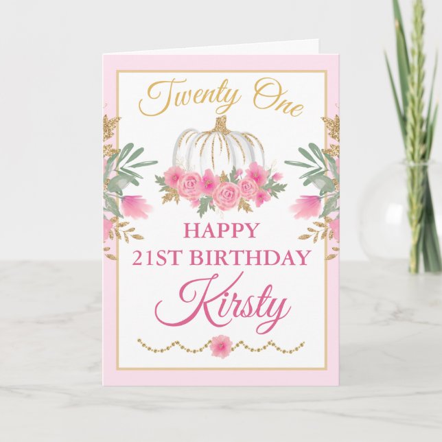 Watercolor Pink Pumpkin Gold Happy Birthday Card (Front)