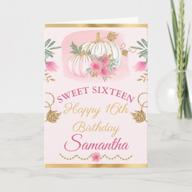Watercolor Pink Pumpkin Gold Sweet Sixteen Card (Front)