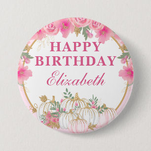 Watercolor Pink Pumpkins & Flowers Happy Birthday 7.5 Cm Round Badge