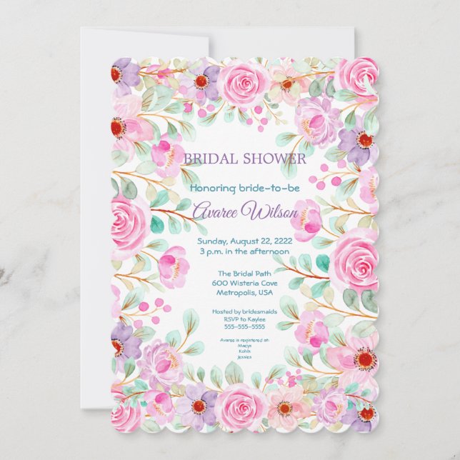 Watercolor Pink Purple and Turquoise Shower Invitation (Front)
