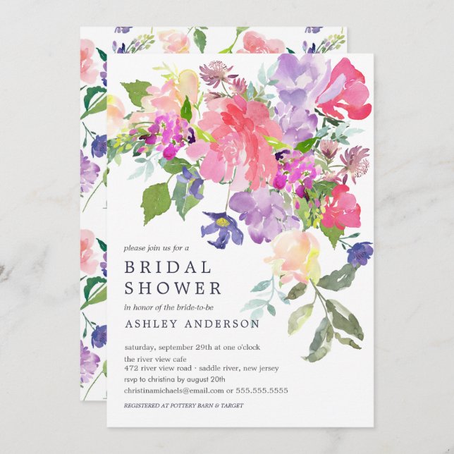 Watercolor Pink Purple Floral Bridal Shower Invitation (Front/Back)