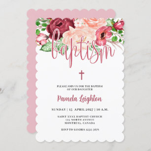 Watercolor Pink Purple Floral Girl Baptism  Invita Invitation