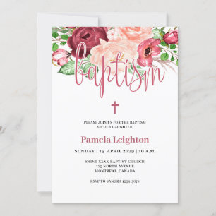 Watercolor Pink Purple Floral Girl Baptism Invitation