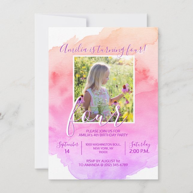Watercolor Pink Purple Girl 4th YEAR OLD BIRTHDAY Invitation (Front)