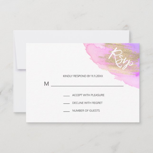 Watercolor Pink Purple Gold BAT MITZVAH RSVP Card (Front)