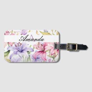 Watercolor Pink & Purple Lily Pattern Monogramed Luggage Tag