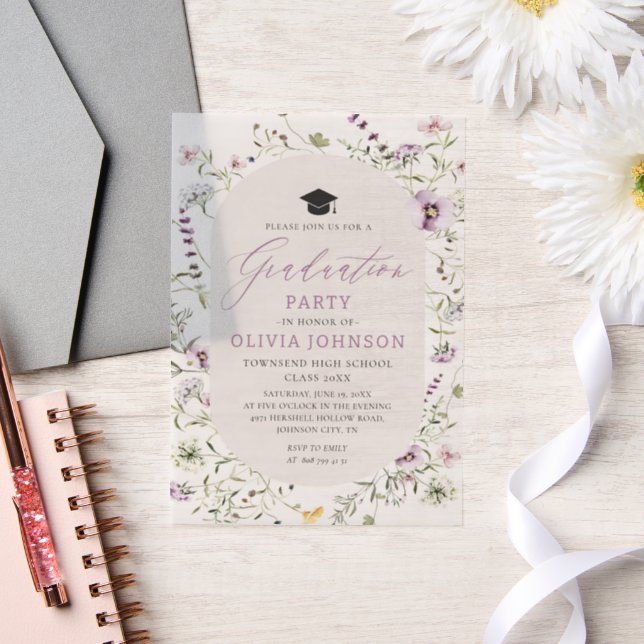 Watercolor Pink Purple Wildflower Graduation Vellum Invitations (Wedding)