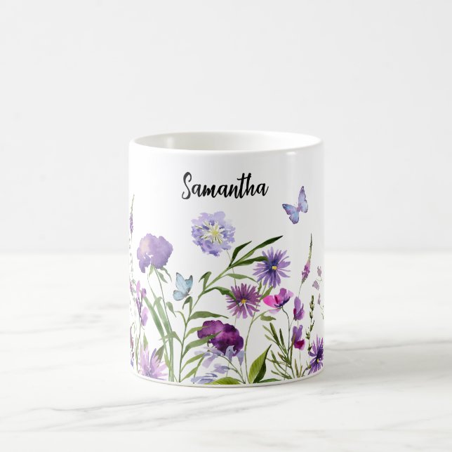 Watercolor Pink Purple Wildflowers Meadow Garden Coffee Mug (Center)