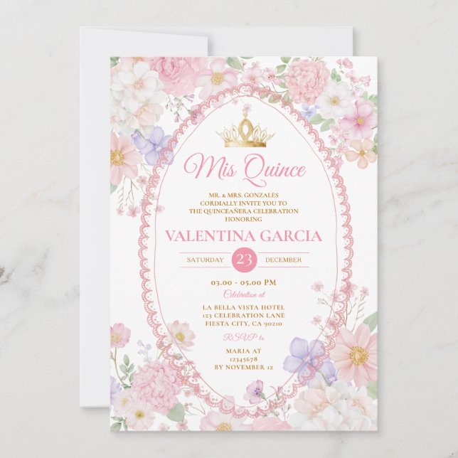 Watercolor Pink Quinceañera 15 Anos Flowers Gold Invitation (Front)