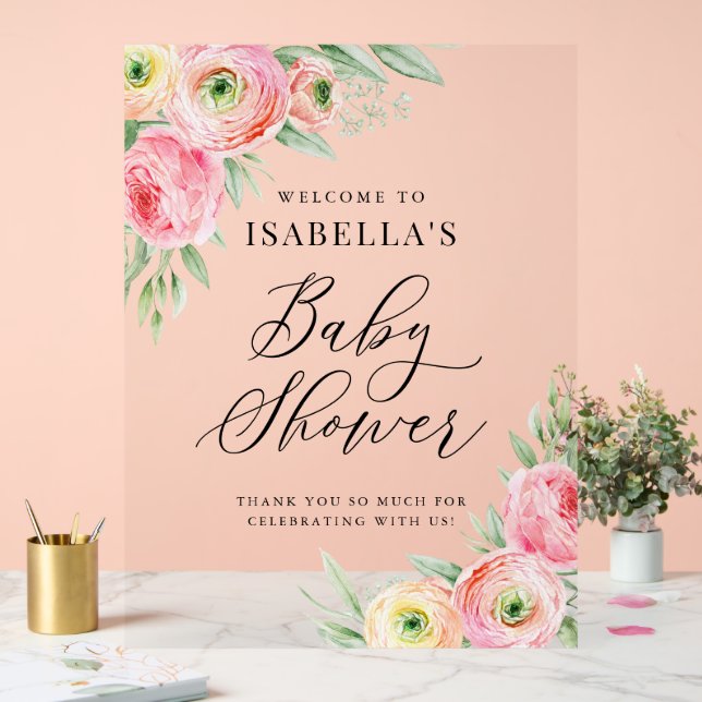 Watercolor Pink Ranunculus Baby Shower Welcome Acrylic Sign (Wedding)